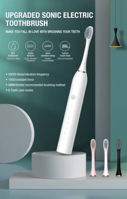 Smile Buddy Smart 6-Speed Timer Electric Toothbrush | White | 4 replaceable heads