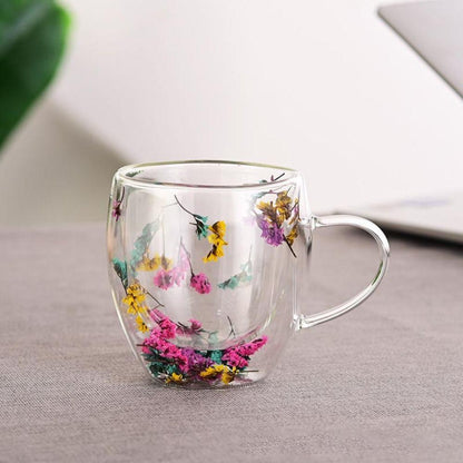 Dried Flower Aesthetic Coffee Cup with Insulated Handle | 200ml Double Wall Floral Glass Mug