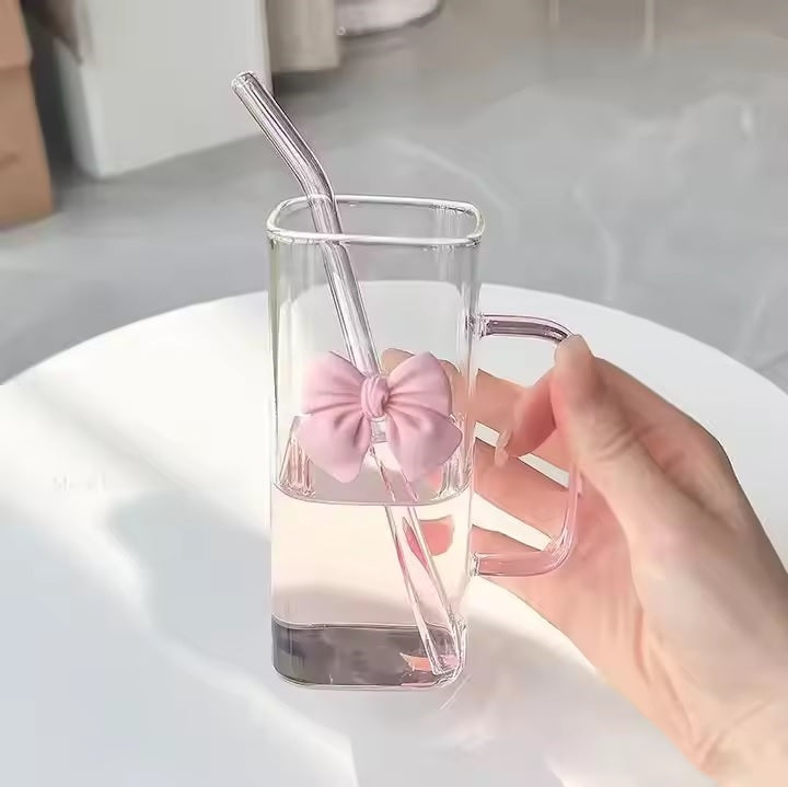 Chic Bow clear Glass Tumbler with Handle And Straw (400ml)