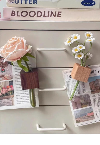 Minimalist Wooden Flower Vase Fridge Magnet | Set of 2