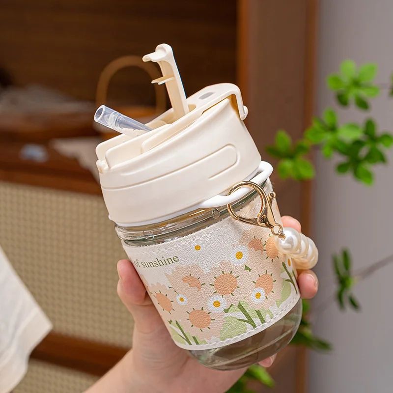 Bloom & Pearl Portable Glass Coffee Cup with Handle – 350 ml