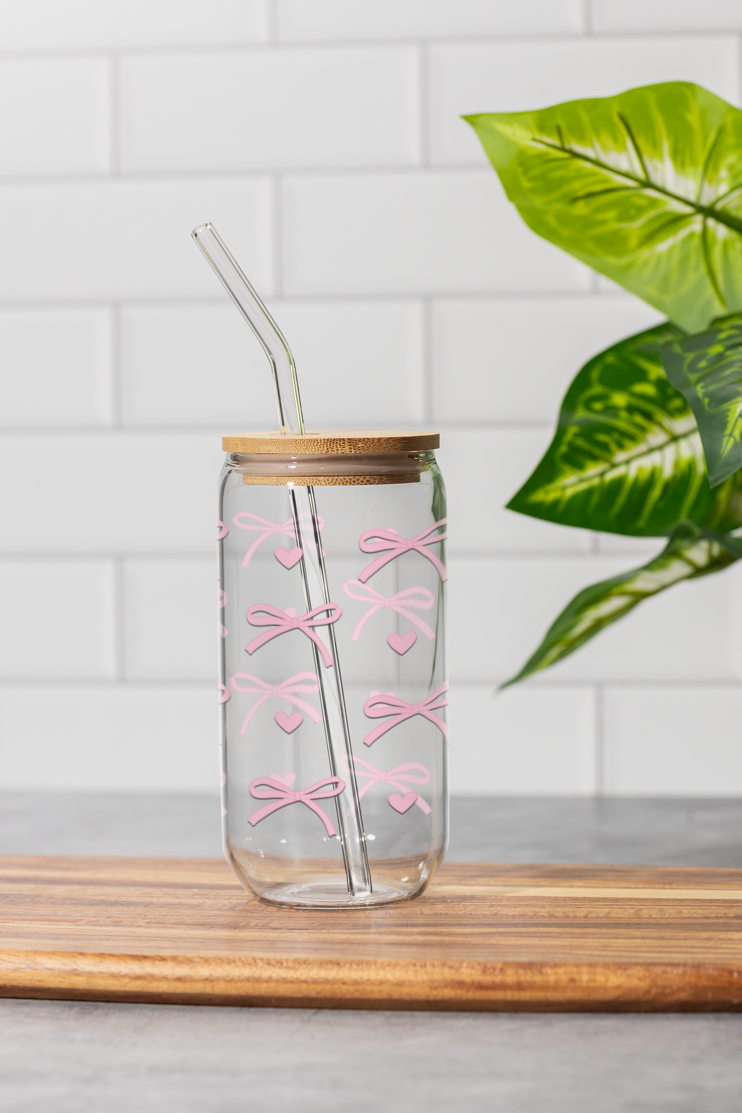 Coquette Love Glass Can Tumbler with bamboo lid & glass straw | 540 ml