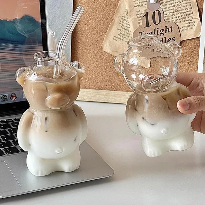 Cozy Bear Transparent Glass Cup Tumbler with straw | 320 ml