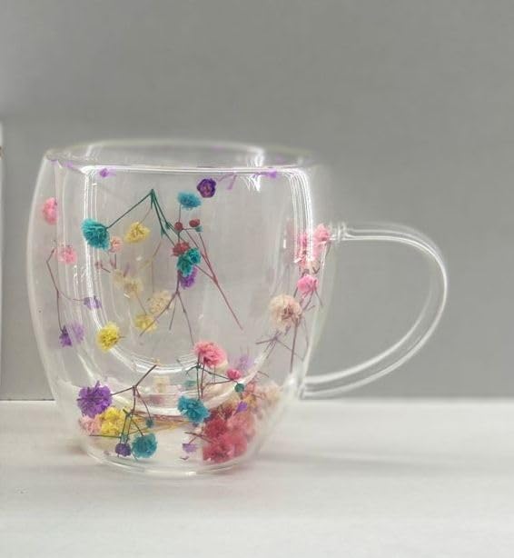 Dried Flower Aesthetic Coffee Cup with Insulated Handle | 200ml Double Wall Floral Glass Mug