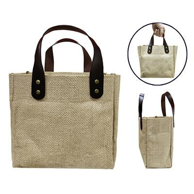 Jute Gift Bag with vegan leather handle | 8x8x6" | Set of 10