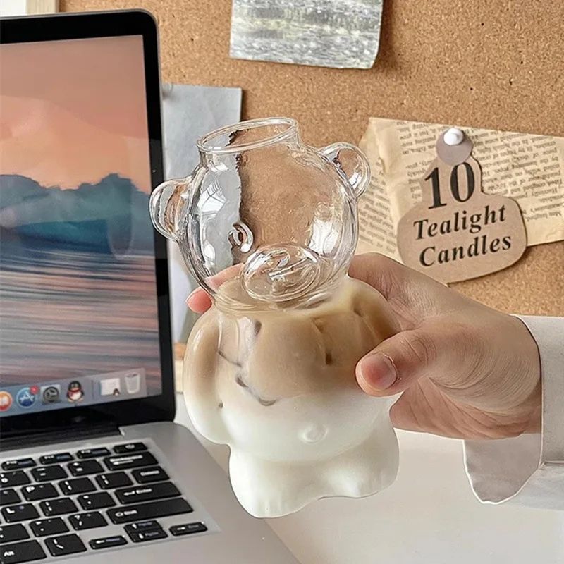 Cozy Bear Transparent Glass Cup Tumbler with straw | 320 ml