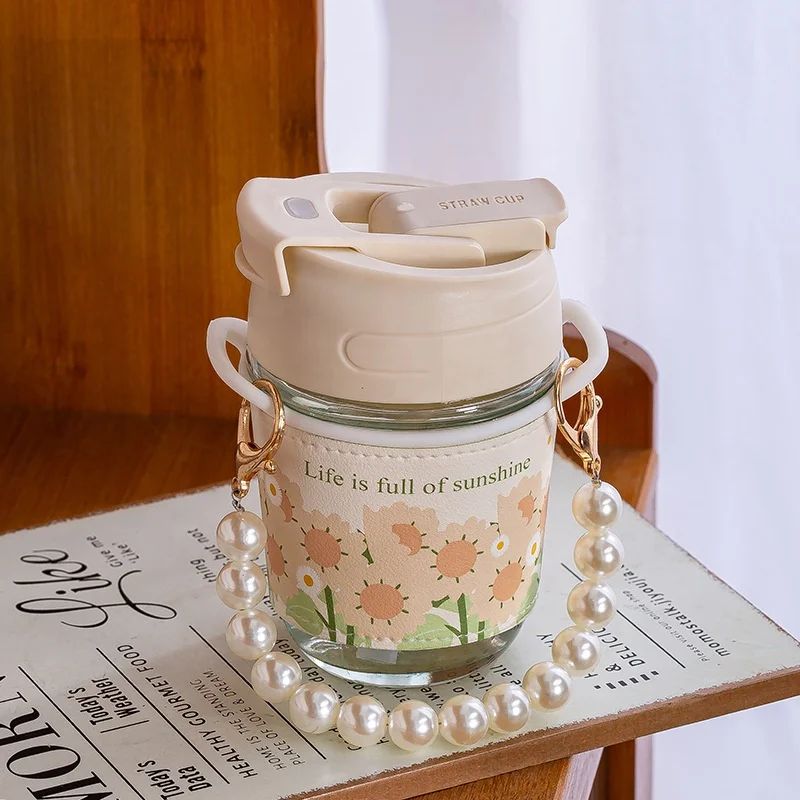 Bloom & Pearl Portable Glass Coffee Cup with Handle – 350 ml