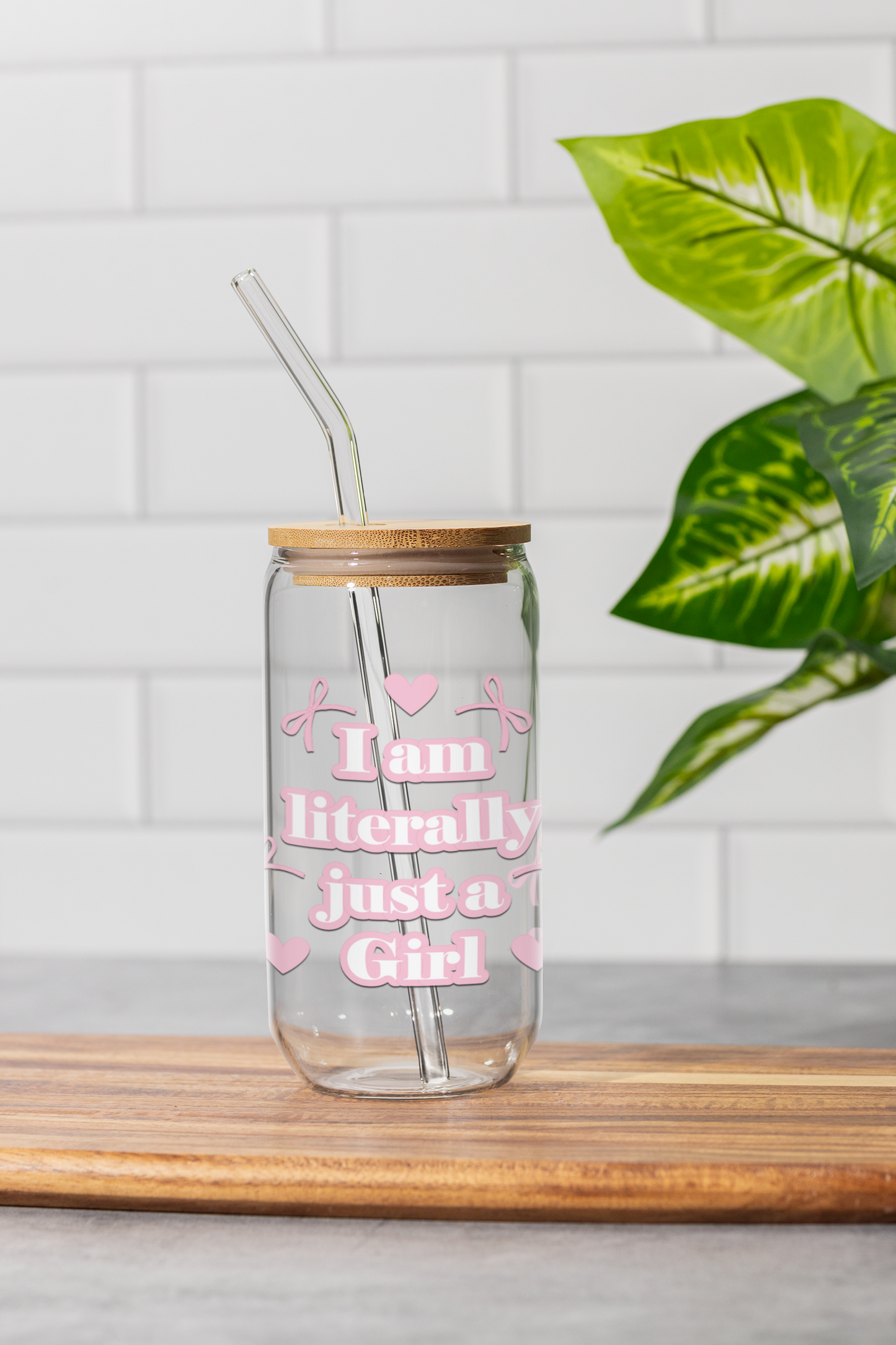 Just a Girl Glass Can Tumbler with bamboo lid & glass straw | 540 ml