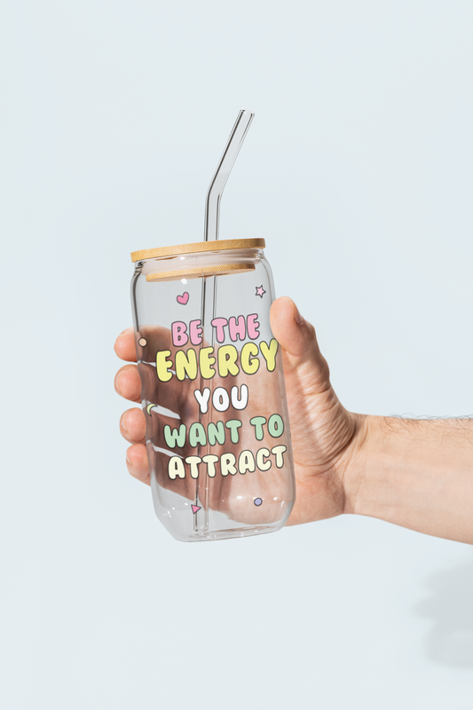 Be the Energy Glass Can Tumbler with bamboo lid & glass straw | 540 ml