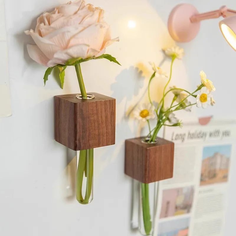 Minimalist Wooden Flower Vase Fridge Magnet | Set of 2