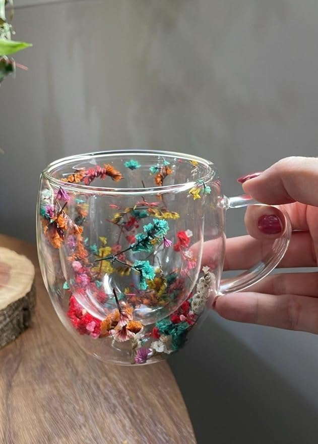 Dried Flower Aesthetic Coffee Cup with Insulated Handle | 200ml Double Wall Floral Glass Mug