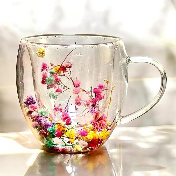 Dried Flower Aesthetic Coffee Cup with Insulated Handle | 200ml Double Wall Floral Glass Mug