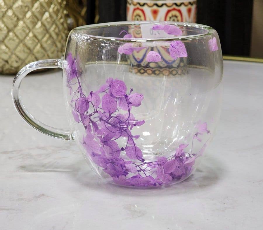 Dried Flower Aesthetic Coffee Cup with Insulated Handle | 200ml Double Wall Floral Glass Mug