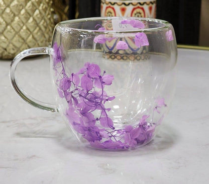 Dried Flower Aesthetic Coffee Cup with Insulated Handle | 200ml Double Wall Floral Glass Mug