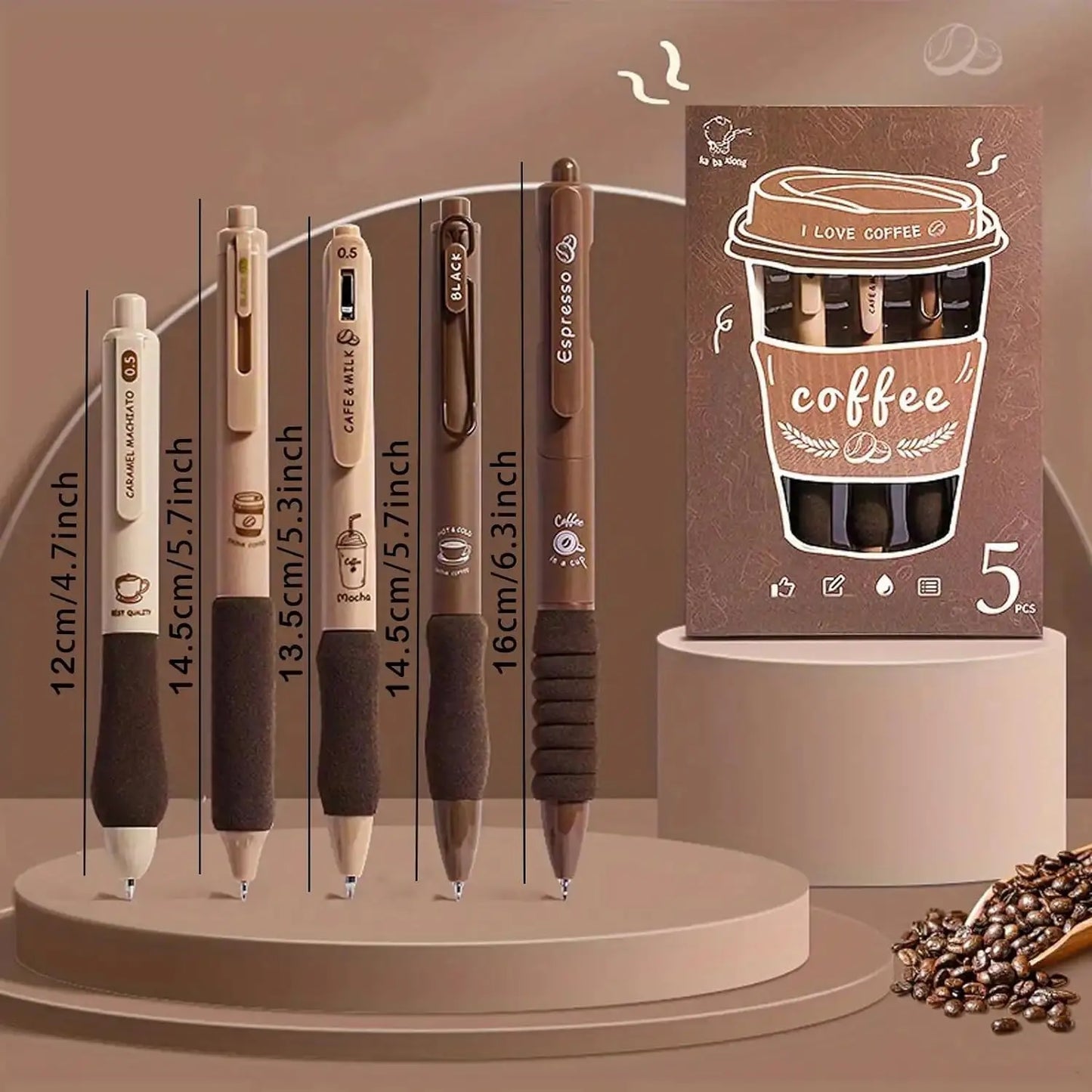 Coffee Cute Retractable Pens With Different Tips | set of 5