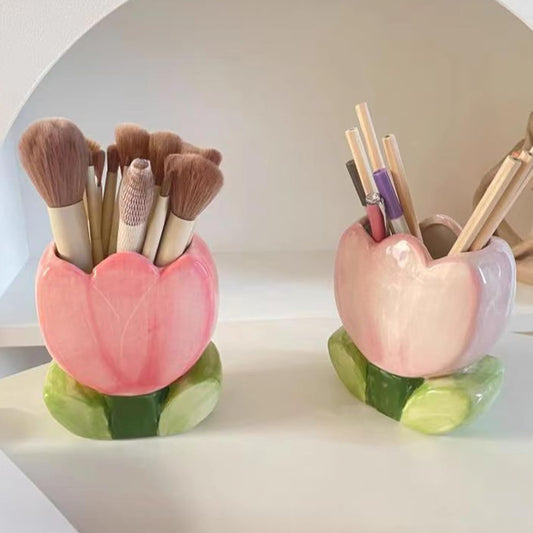 Pink Tulip Harmony Handmade Artistic Ceramic pen/ brush/ flower holder