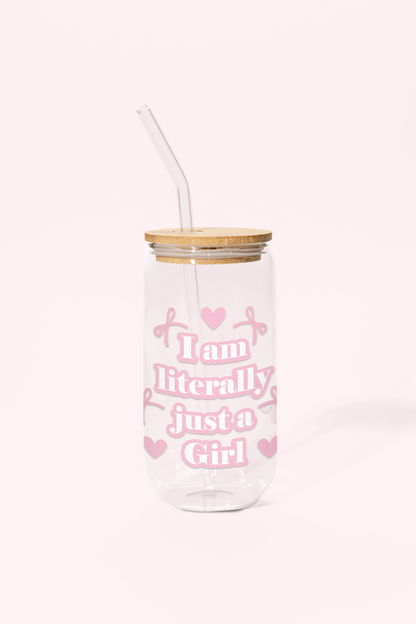 Just a Girl Glass Can Tumbler with bamboo lid & glass straw | 540 ml