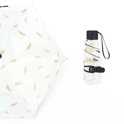 Gold foiled feathers Mini Pocket 5 fold umbrella with pouch | Pocket size