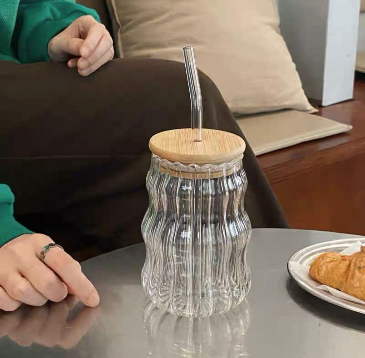 Vintage Ripple Ribbed Glass with lid and straw| 510 ML