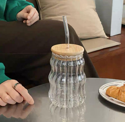 Vintage Ripple Ribbed Glass with lid and straw| 510 ML
