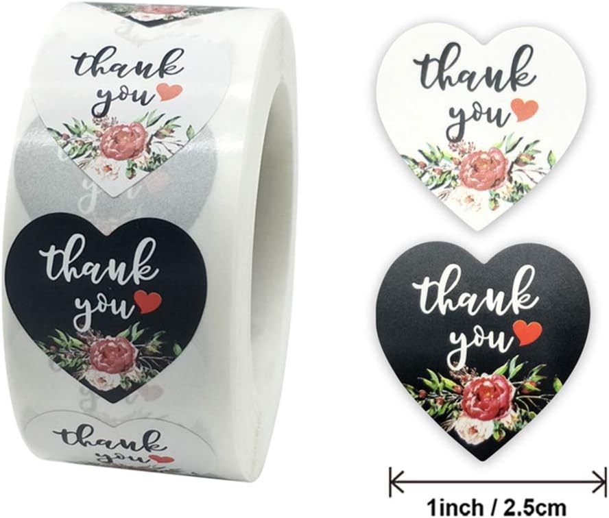 Heart floral Thank you Stickers 1.5" Inch 500 stickers