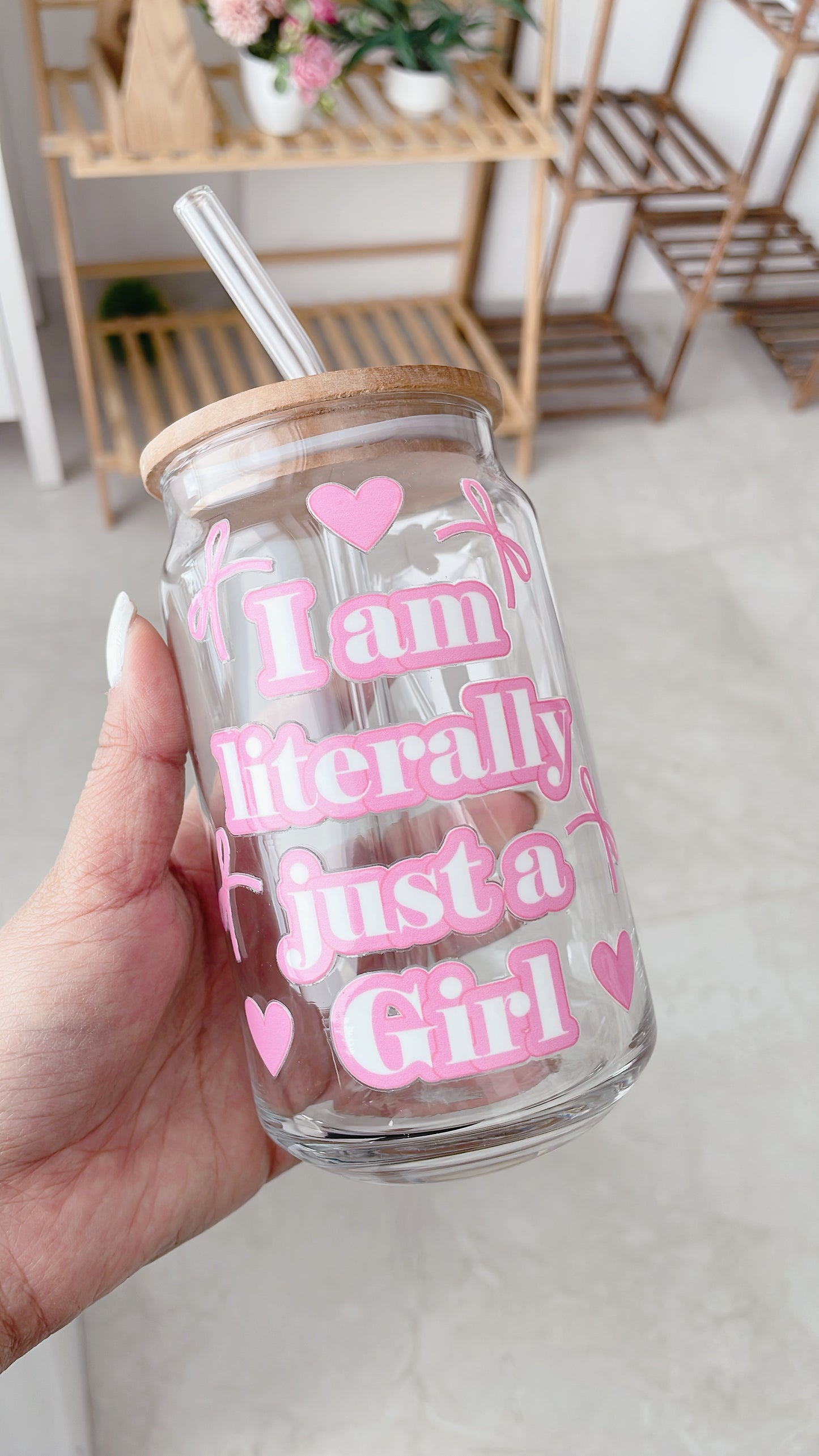 Just a Girl Glass Can Tumbler with bamboo lid & glass straw | 540 ml