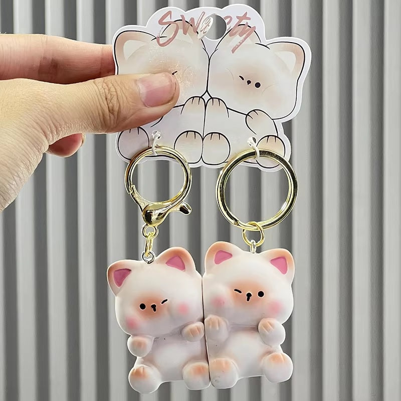 Pawsome Pals Magnetic Keychain cute cat/bear Resin Animal Couple Pendants Metal Charms Car Key Ring