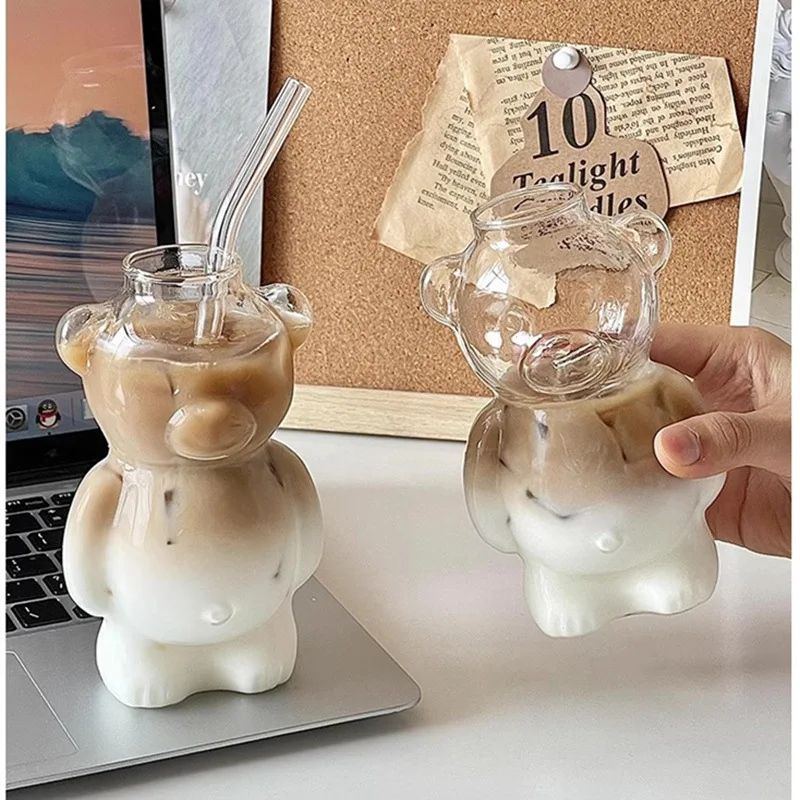 Cozy Bear Transparent Glass Cup Tumbler with straw | 320 ml