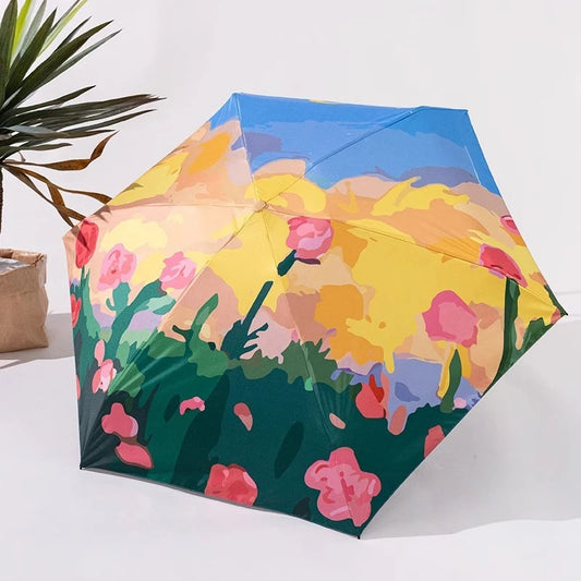 Rose under the moon Oil Painting effect 6 fold manual umbrella with pouch | For Rains & sunny day | UV protection