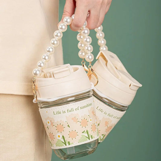 Bloom & Pearl Portable Glass Coffee Cup with Handle – 350 ml