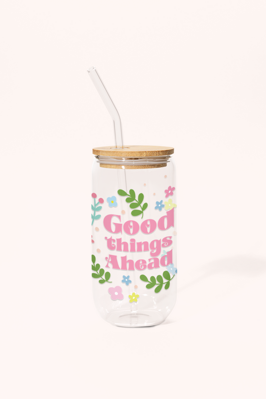 Good Things Ahead Glass Can Tumbler with bamboo lid & glass straw | 540 ml