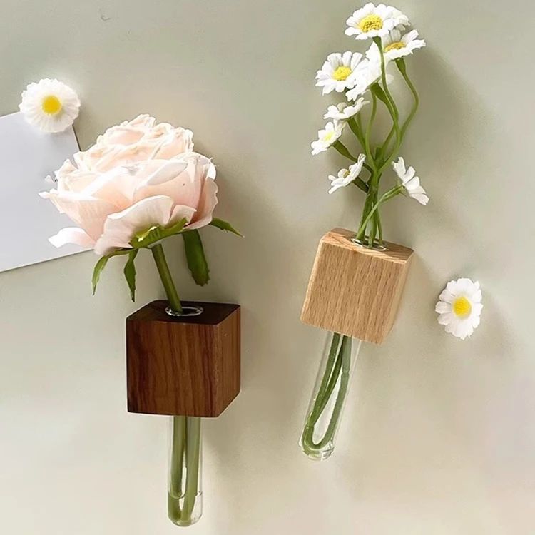 Minimalist Wooden Flower Vase Fridge Magnet | Set of 2