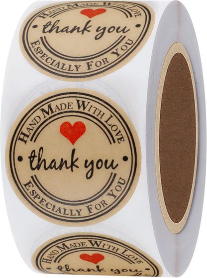 Thank You Hand Made with Love with Red Heart Stickers 1" Inch 500 sticker roll