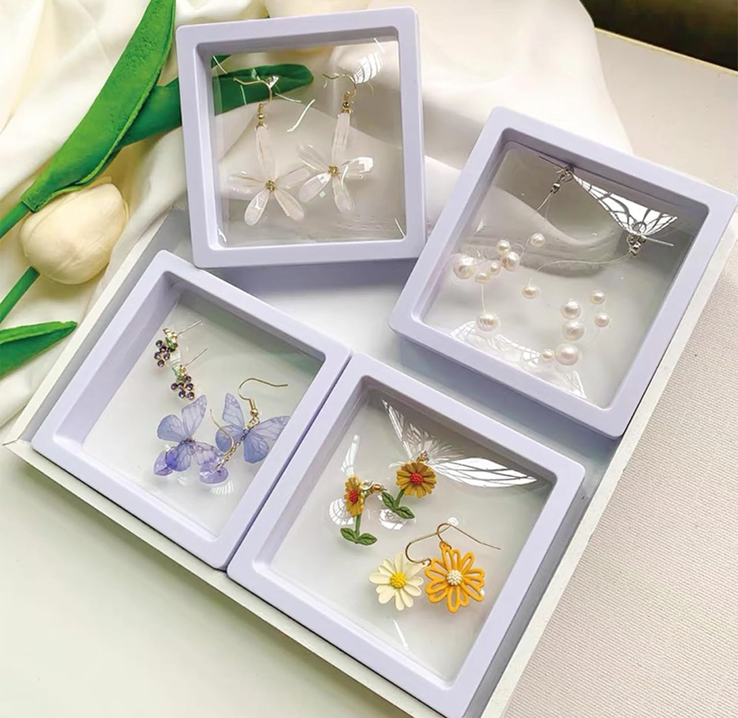 Floating Clear Jewellery Storage Case, Dustproof Display Box with PE Film | Set of 10 | Transparent