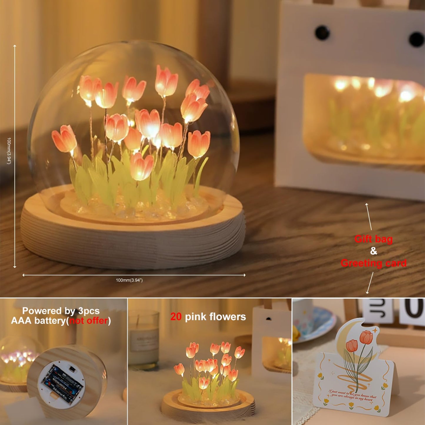 DIY Tulip Lamp Night Light with Glass Dome | Mix flower colors