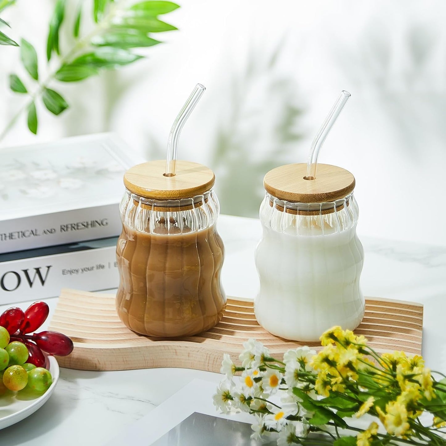 Vintage Ripple Ribbed Glass with lid and straw| 510 ML