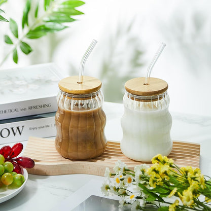 Vintage Ripple Ribbed Glass with lid and straw| 510 ML