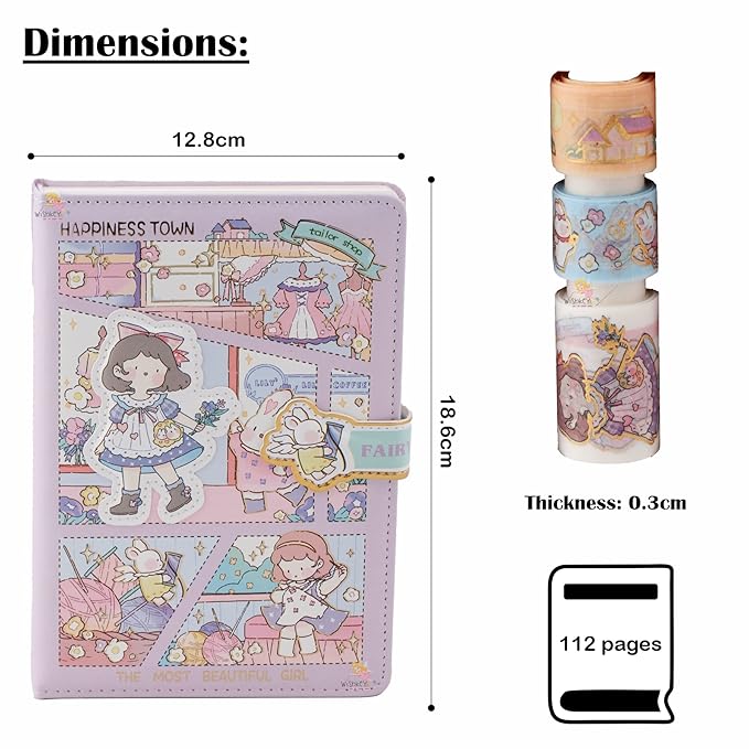 Princess Diary Set ( 1 Diary With Magnetic Buckle & 3 Pcs Washi Tapes )