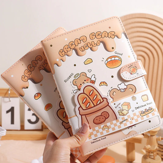 Cute Bread Bear A5 Daily Planner Journal  | PU Leather Diary with Magnetic Closure