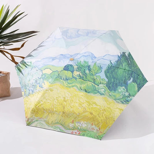 Wheat fields Oil Painting effect 6 fold manual umbrella with pouch | For Rains & sunny day | UV protection