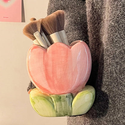 Pink Tulip Harmony Handmade Artistic Ceramic pen/ brush/ flower holder
