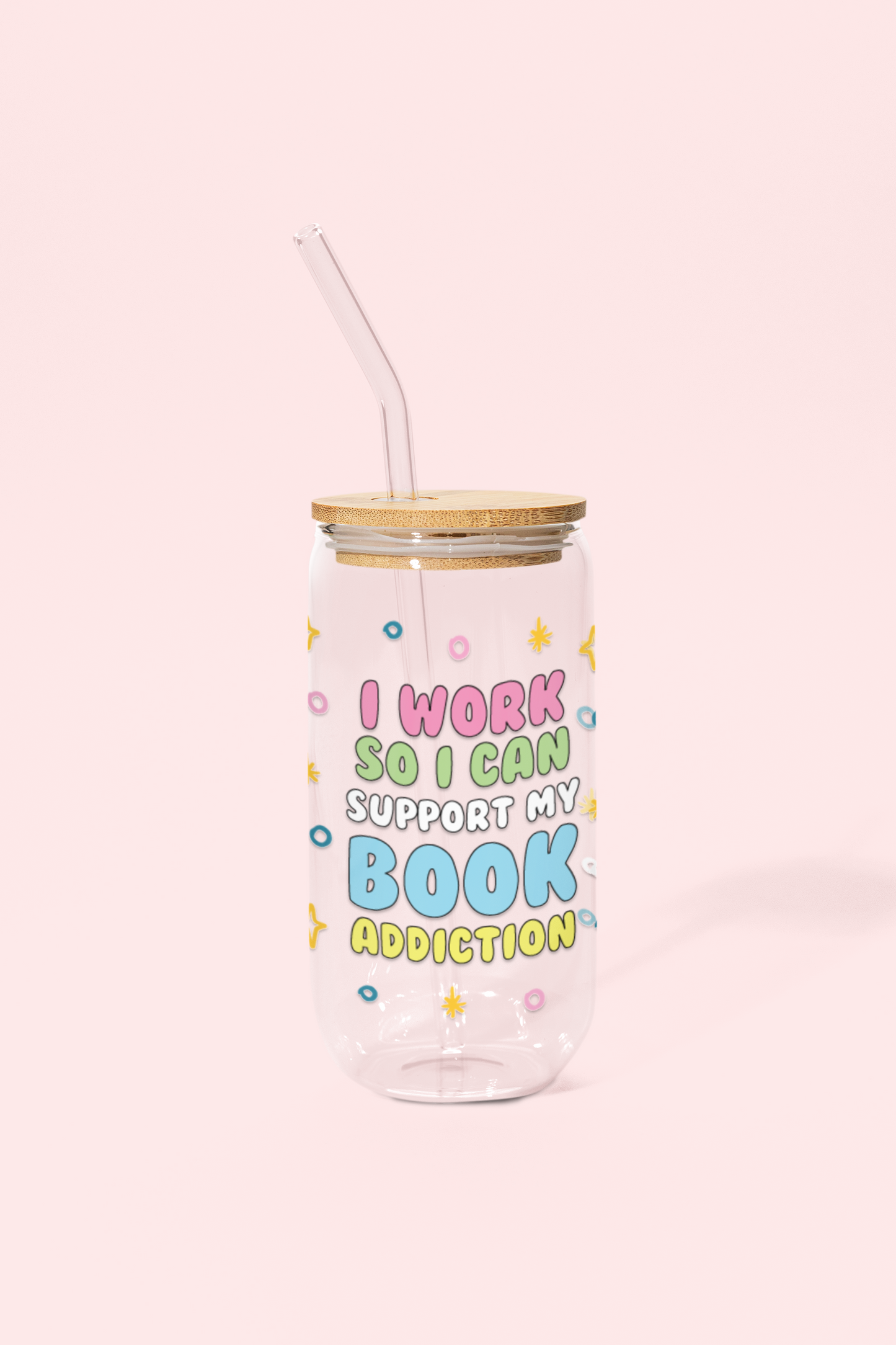 Book Addiction Glass Can Tumbler with bamboo lid & glass straw | 540 ml