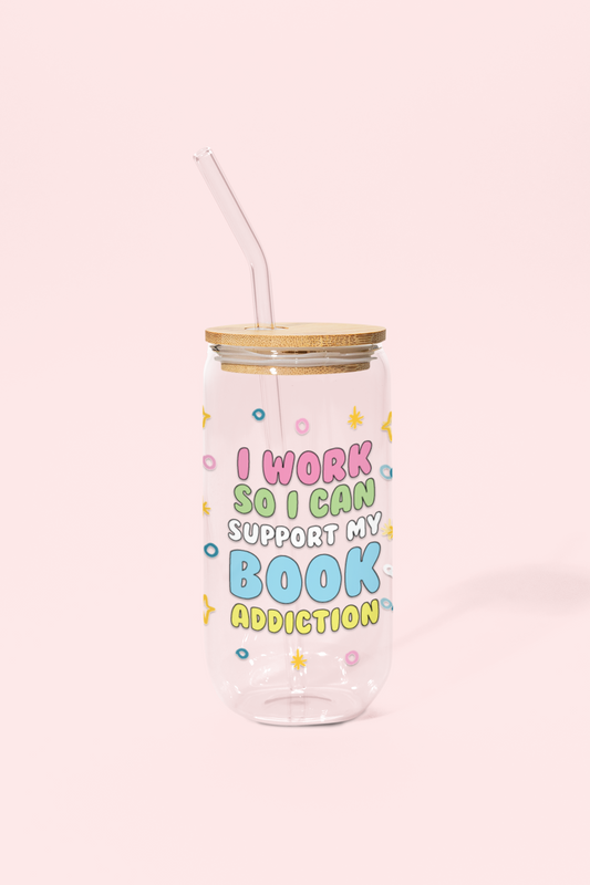 Book Addiction Glass Can Tumbler with bamboo lid & glass straw | 540 ml