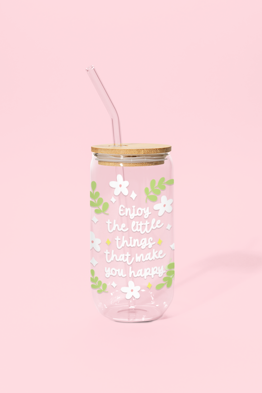 Enjoy the Little Things Glass Can Tumbler with bamboo lid & glass straw | 540 ml