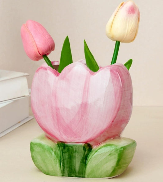 Pink Tulip Harmony Handmade Artistic Ceramic pen/ brush/ flower holder