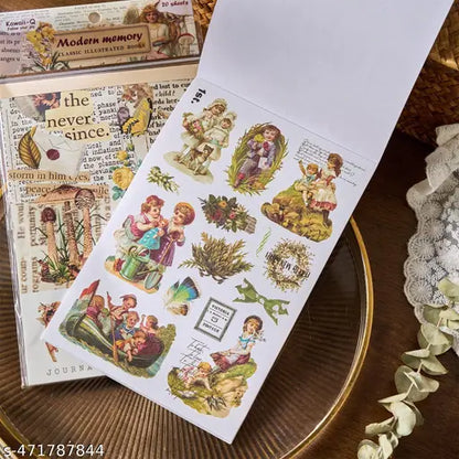 Timeless Whimsy: Vintage Illustrated Journaling Sticker Book with 20 sheets