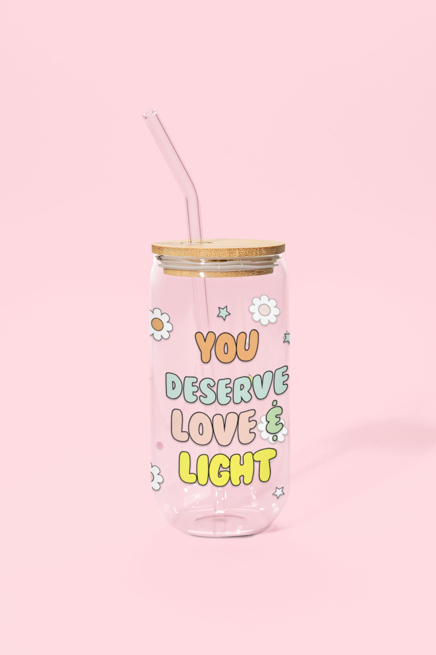 Love & Light Glass Can Tumbler with bamboo lid & glass straw | 540 ml