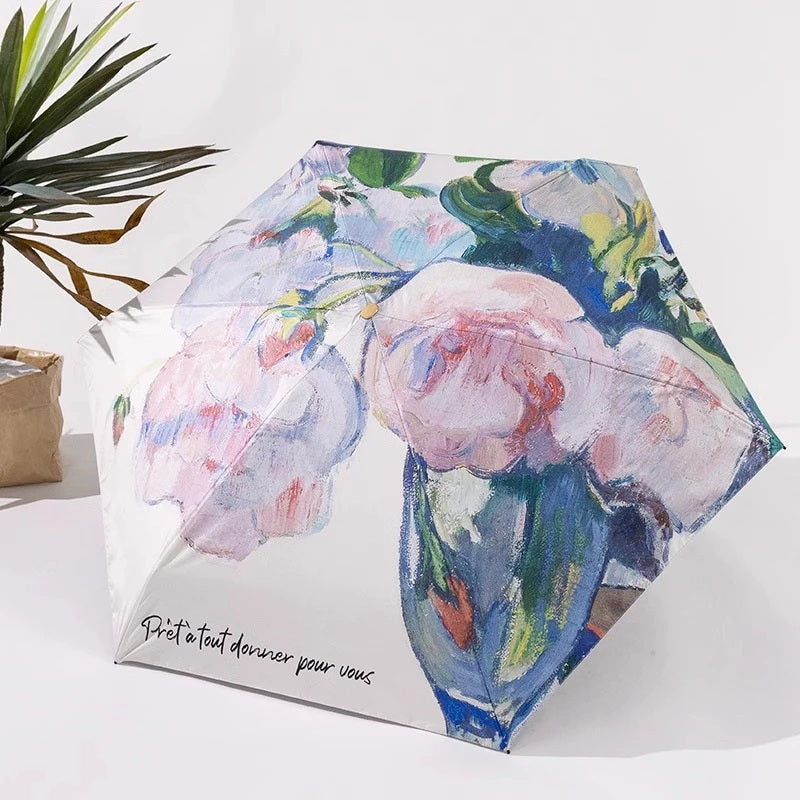 White Rose Oil Painting effect 6 fold manual umbrella with pouch | For Rains & sunny day | UV protection