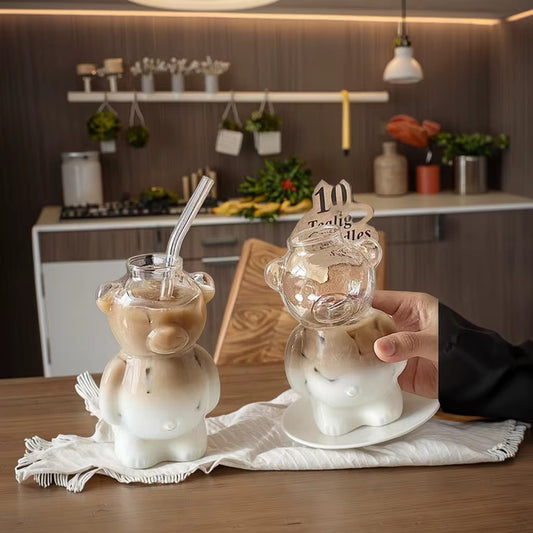 Cozy Bear Transparent Glass Cup Tumbler with straw | 320 ml