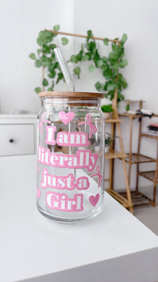 Just a Girl Glass Can Tumbler with bamboo lid & glass straw | 540 ml